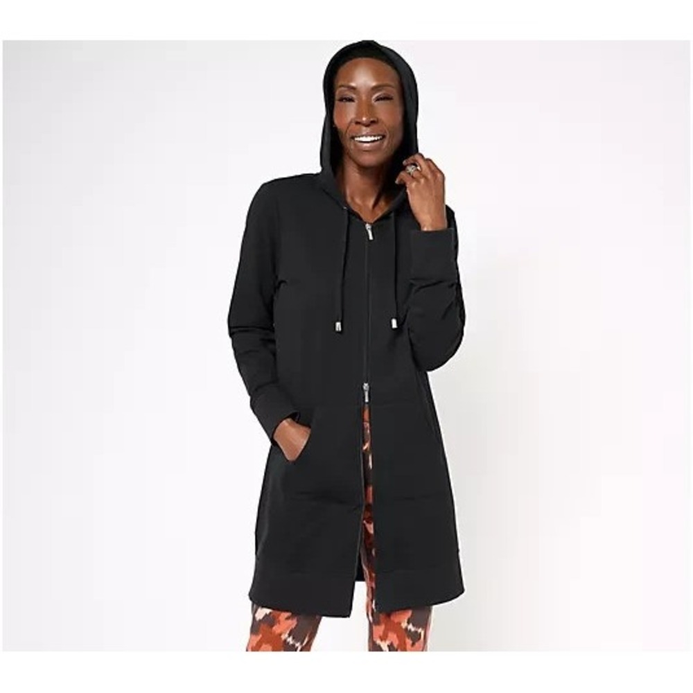 Denim & Co. Active French Terry Regular Hooded ZipFront Tunic Jacket Black,Sz 2X